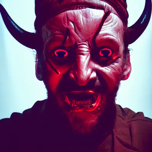 Image similar to a close up of a Rabbi that is the devil with horns looking at the camera in anger, cyberpunk art, neon, satan, red skin, dark, ominous, haunting, sinister, close-up, studio lighting, red lighting, scary, horror, dark,