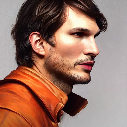 Image similar to a beautiful and detailed portrait of ashton kutcher as deckard cain, viewed in profile from far away, ultrawide lens, art by artgerm and greg rutkowski and alphonse mucha, volumetric lighting, octane render, 4 k resolution, trending on artstation, masterpiece