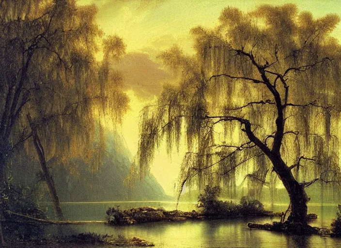 Image similar to oil painting of a willow tree next to a raging river by albert bierstadt, beautiful lighting