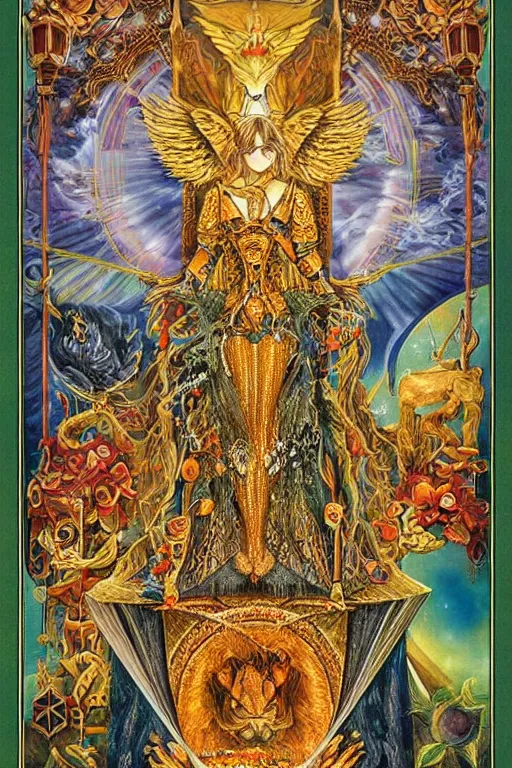Prompt: beautiful tarot card of the queen of dreams by carol bak and jacek yerka, oil on canvas, intricate border, symmetrical, 8k highly professionally detailed, HDR, CGsociety