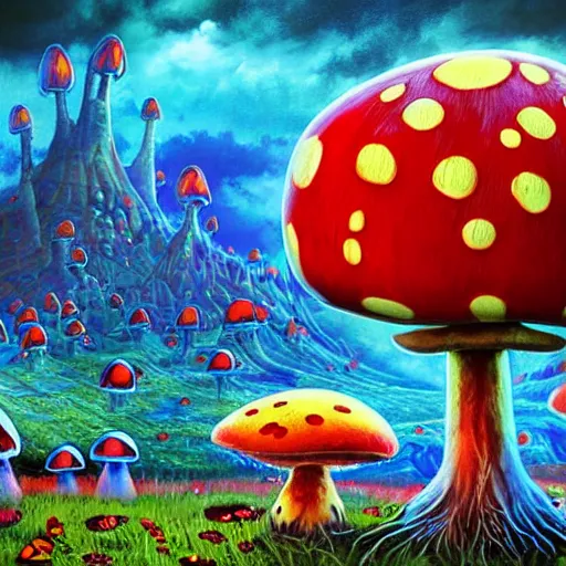 Prompt: 4 k headshot portrait of a psychedelic demonic anthropomorphic ladybug with mushroom themed clothes, magic mushroom village in background by jeff easley, award winning, stylized neon, post - processing, masterpiece, superb resolution. in the art style of junji ito and greg rutkowski. detailed mushroom city in background. hyper realistic anime. perfect art. dalle 2