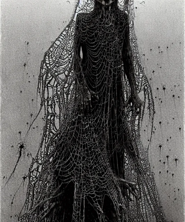 Prompt: a woman standing all covered in spiders. illustration of arachnophobia, fear of spiders, incredible amount of spiders and bugs. extremely high details, realistic, horror, creepy, web, masterpiece, art by zdzislaw beksinski, arthur rackham, dariusz zawadzki