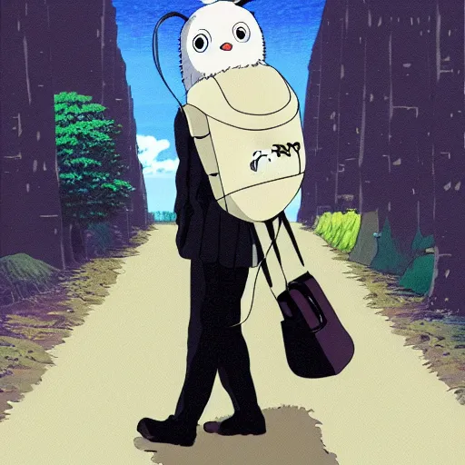 Image similar to still from studio ghibli movie My Neighbor Totoro, Hayao Miyazaki,barn owl in a black suit wearing an office bag going to the office, symetrical face,digital oil painting