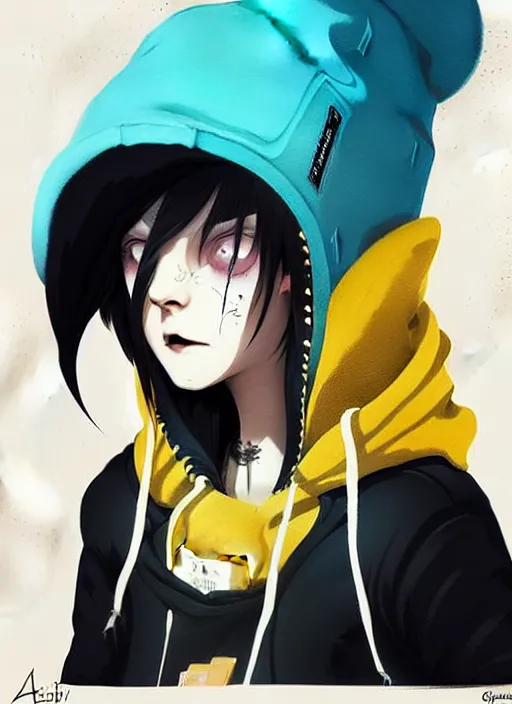 Image similar to highly detailed portrait of a city punk lady student, blue eyes, hoodie, hat, white hair by atey ghailan, by greg rutkowski, by greg tocchini, by james gilleard, by joe fenton, by kaethe butcher, gradient yellow, black, brown and cyan blue color scheme, grunge aesthetic!!! ( ( graffiti tag wall background ) )