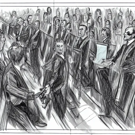 Image similar to highly detailed realistic sketch of UN members in suits yelling at a cyborg samurai, fear and anger in their eyes, colored , award winning , masterpiece on a scroll , post-processing