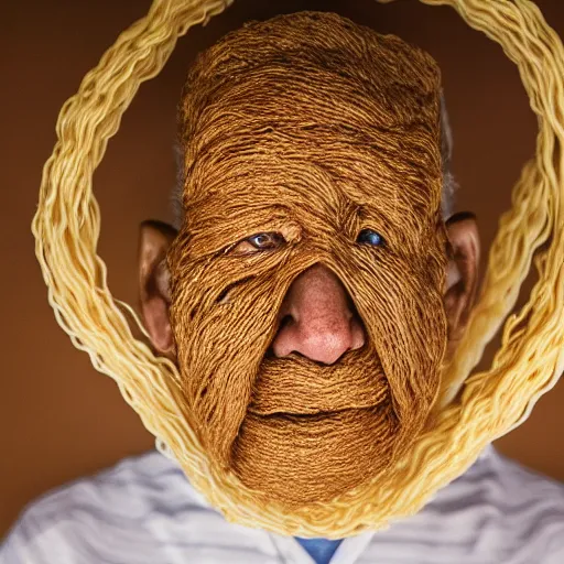 Image similar to an elderly man wearing a mask made from ramen noodles, bold natural colors, national geographic photography, masterpiece, 8 k, raw, unedited, symmetrical balance