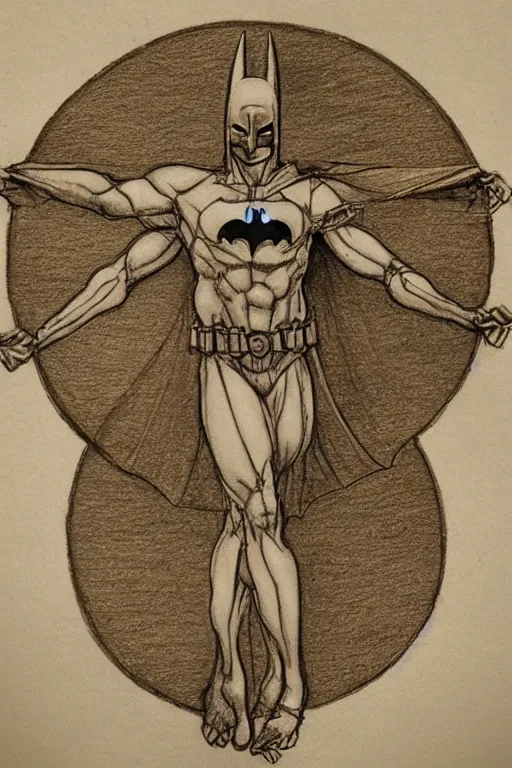 Image similar to vitruvian batman by leonardo da vinci, pencil sketch, sepia background, detailed, proportional, trending on art station, 4k