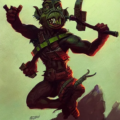 Prompt: crazy goblin with a slingshot, wearing a grenade belt, by Greg Rutkowski, in the style of magic the gathering