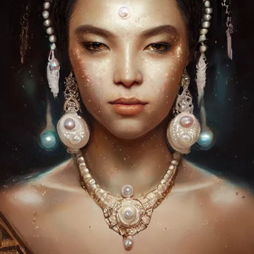 Image similar to a beautiful portrait of a pearl goddess with glittering skin by greg rutkowski and raymond swanland, trending on artstation, ultra realistic digital art