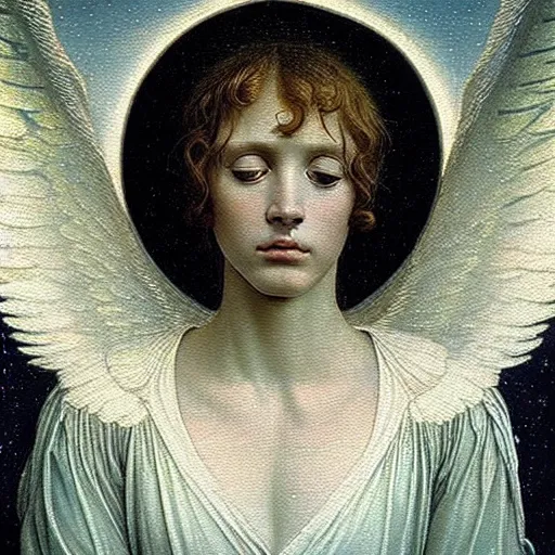 Image similar to renaissance hyper realistic painting of white angel!!! beautiful face, no gender!!!, ball of miracle light from the chest!!!!!, miracle light coming overhead!!, miracles everywhere, lot of fire and stars overhead!!!, by caspar david friedrich, misty space, holography effect, glow effect, large strokes, high detailed, white background