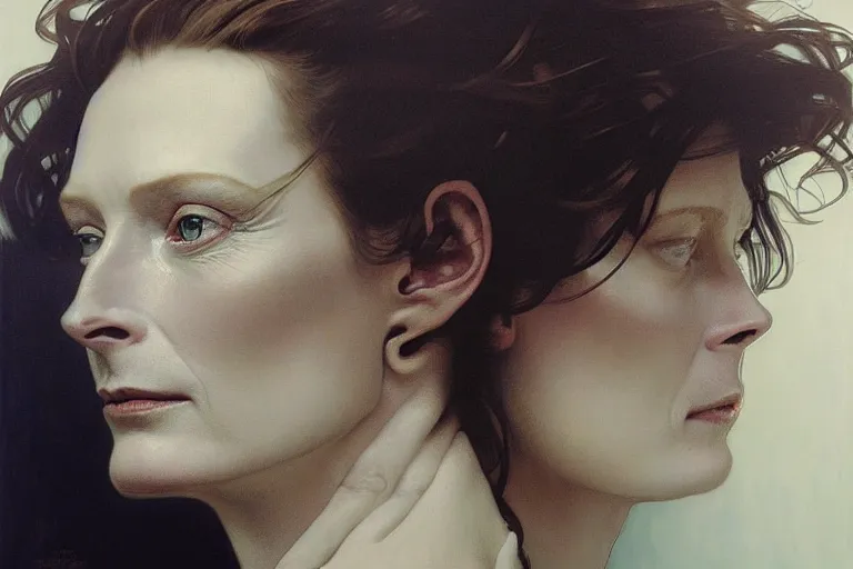 Prompt: hyper realistic portrait of tilda swildon, bigger forehead, bigger chin, from the side, by lee bermejo, alphonse mucha and greg rutkowski