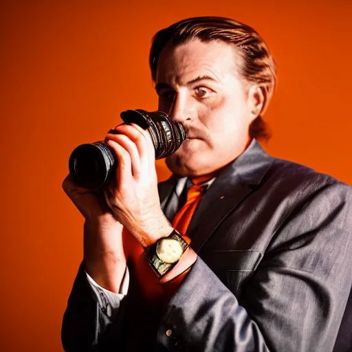 Image similar to film noir detective in navy and burnt orange hues, 40mm lens, shallow depth of field, split lighting