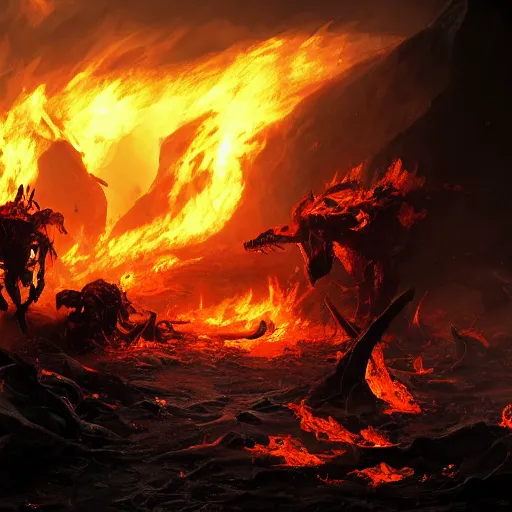 Image similar to A firey, hellish world with black ivory skeletons, dynamic lighting, cinematic, ultra detailed, creative, stunning visuals, hyperrealism, trending on art station