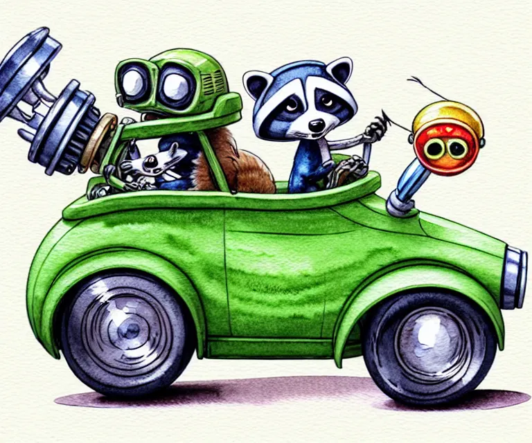 Image similar to cute and funny, racoon wearing a helmet riding in a tiny hot rod with oversized engine, ratfink style by ed roth, centered award winning watercolor pen illustration, isometric illustration by chihiro iwasaki, edited by range murata, tiny details by artgerm and watercolor girl, symmetrically isometrically centered and in focus