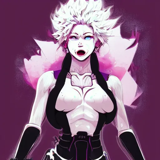 Image similar to mina ashido, heroine, beautiful, malevolent, anger, evil, cybernetic detailed portrait, intricate complexity, in the style of Artgerm, Kazuki Tanahashi, and WLOP, cel-shaded