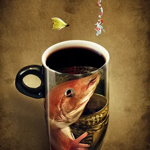 Image similar to photomanipulation of a supernatural fish drinking a cup of tea by a straw.