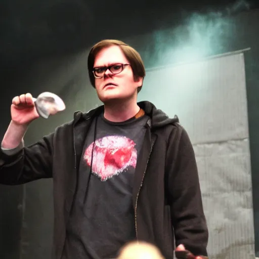 Image similar to Dwight schrute on stage at a hip hop concert throwing beets at the crowd