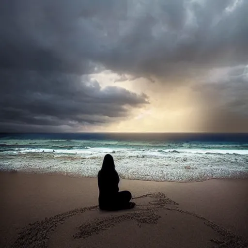 Image similar to a highly detailed tarot card of a large cross standing on the beach as a storm comes in with the tide, woman sitting in the sand watching the ocean, epic fantasy, god rays, rocky beach, ultrawide lense, aerial photography, unreal engine, exquisite detail, 8 k, art by albert bierstadt and greg rutkowski and jeong seon