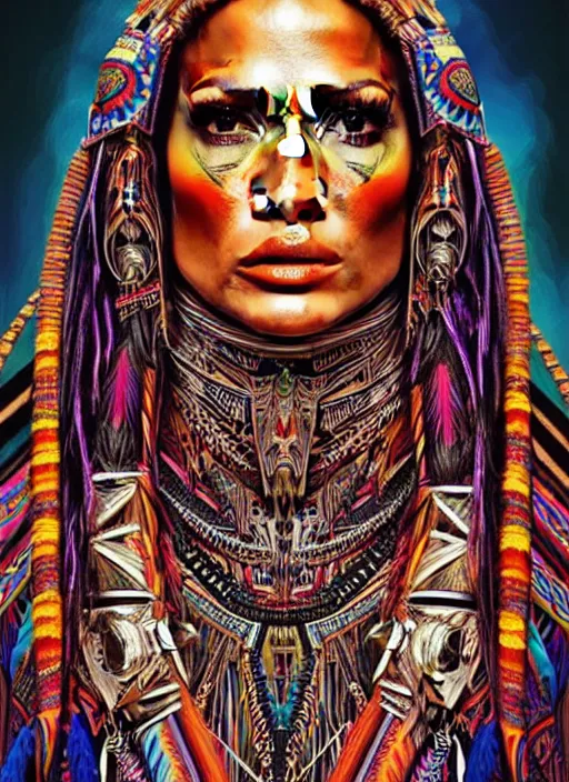Image similar to portrait of jennifer lopez, hyper detailed ultra sharp aztec shaman warrior. trending on artstation, warpaint aesthetic, bloodwave, colorful, psychedelic, ornate, intricate, digital painting, concept art, smooth, sharp focus, illustration, art by artgerm and greg rutkowski and h. r. giger, 8 k