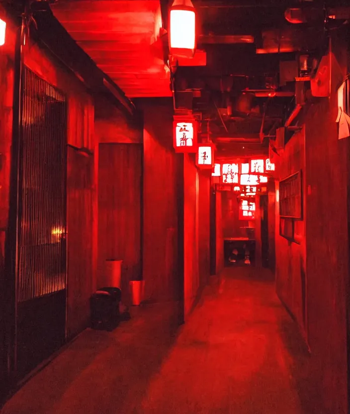 Image similar to spooky photo of a dark infinite hallway of a japanese izakaya with open lit doorways all the way down, dramatic lighting, smoke, ceiling fluorescent lighting, black and red colour palette