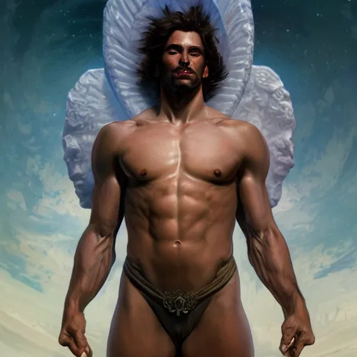 Image similar to portrait of a heavenly god, male, masculine, celestial, full body, muscular, fantasy, intricate, elegant, dramatic lighting, highly detailed, digital painting, artstation, concept art, matte, sharp focus, illustration, art by artgerm and greg rutkowski and alphonse mucha