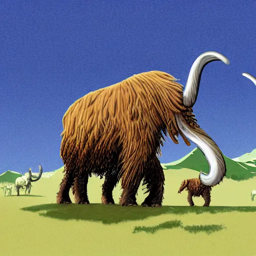 Image similar to a wooly mammoth fighting a herd of saber tooth lions, illustration, digital art