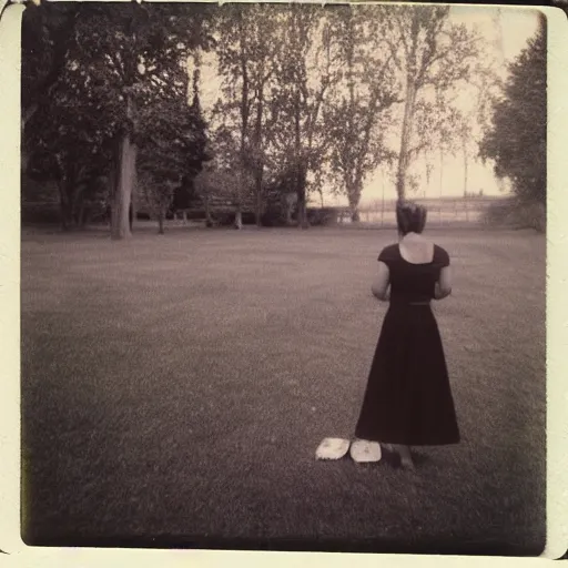 Prompt: woman at lawn, polaroid photography in style of andrey tarkovski, mystical, faith, sense of paranormal