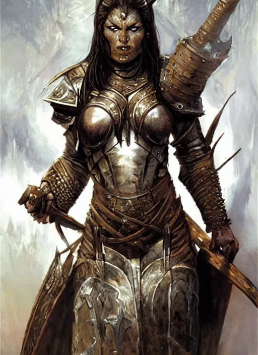 Image similar to a concept art painting of an furious female half - orc warrior wearing medieval brown leather armor, art by karol bak and mark brooks and argerm, centered