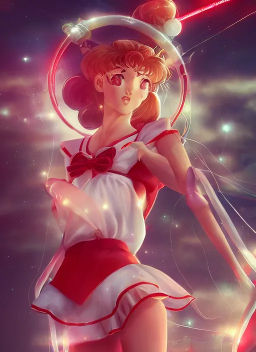 Prompt: sailor moon possing, fluent composition, red and white neon, concept art, ambient light, 4 k, intricate details, highly professionally detailed, cgsociety, highly detailed -