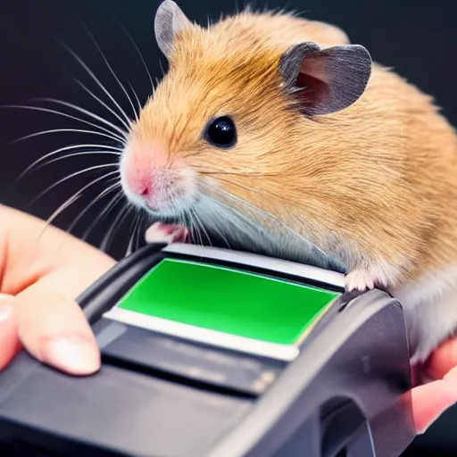 Image similar to photo of a hamster holding a credit card, on a contactless payment terminal, in a cinema, various poses, unedited, soft light, sharp focus, 8 k