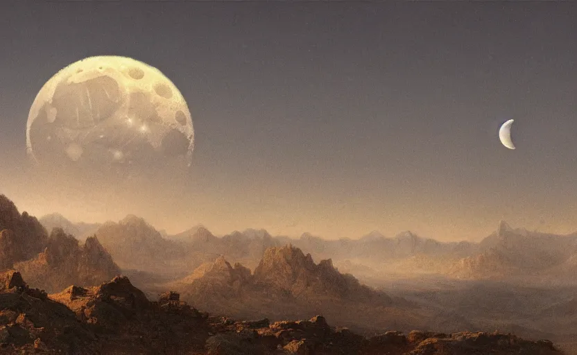 Image similar to moon landscape, close up shot, rocky, at dusk, distant mountains, 4k, rule of thirds, extreme detail, hazy, intricate ink illustration, surreal, surrealist, trending on artstation, cgsociety, hd, calm, complimentary colours, realistic lighting, by Albert Bierstadt, Frederic Edwin Church.