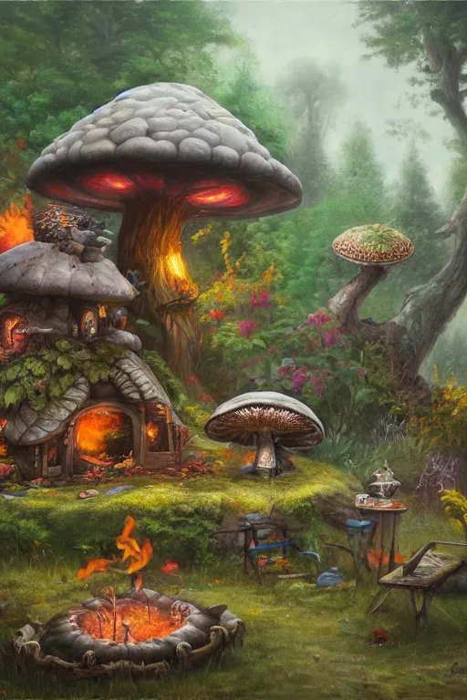 Image similar to A quaint house built into an enormous spotted mushroom with a small garden and a smoking campfire, fantasy oil painting, HD, 4k, 8k, incredibly detailed, intricate, masterpiece, trending on artstation, cgsociety