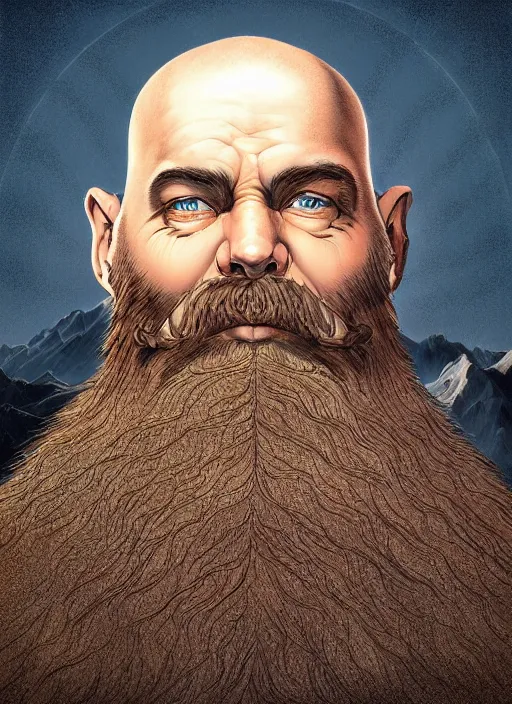 Image similar to a highly detailed symmetrical airbrush painting of a bald male dwarf with long brown beard in a mountainous landscape, morning, dynamic lighting, ambient lighting, deviantart, art by artgerm, frank frazetta and glenn fabry