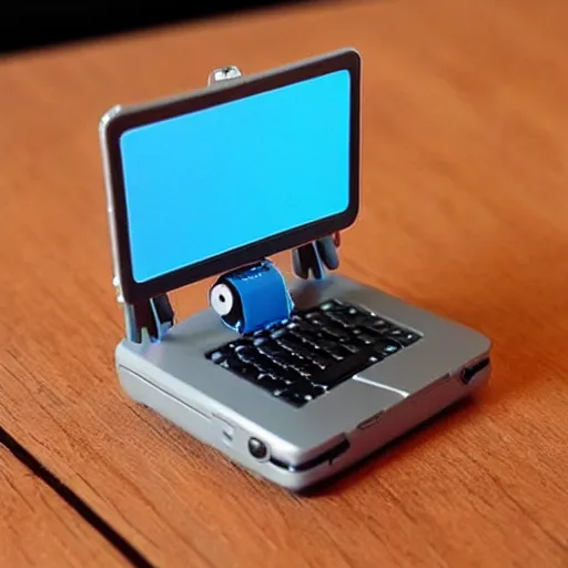 Prompt: “a cute mini robot using a laptop”