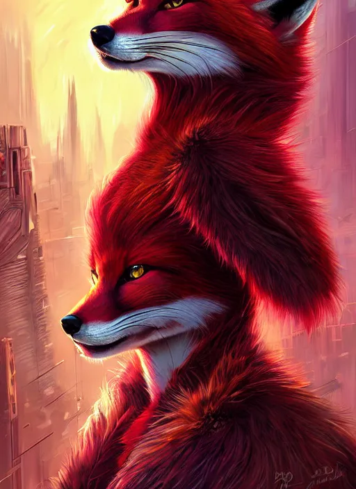 Image similar to aesthetic portrait commission of a of a female fully furry anthro ( red fox ) with a tail and a beautiful attractive hyperdetailed face wearing wearing a outfit in a sci - fi dystopian city at golden hour while it storms in the background. character design by dayer, diego 5, detailed, inked, western comic book art, award winning film poster painting, evocative