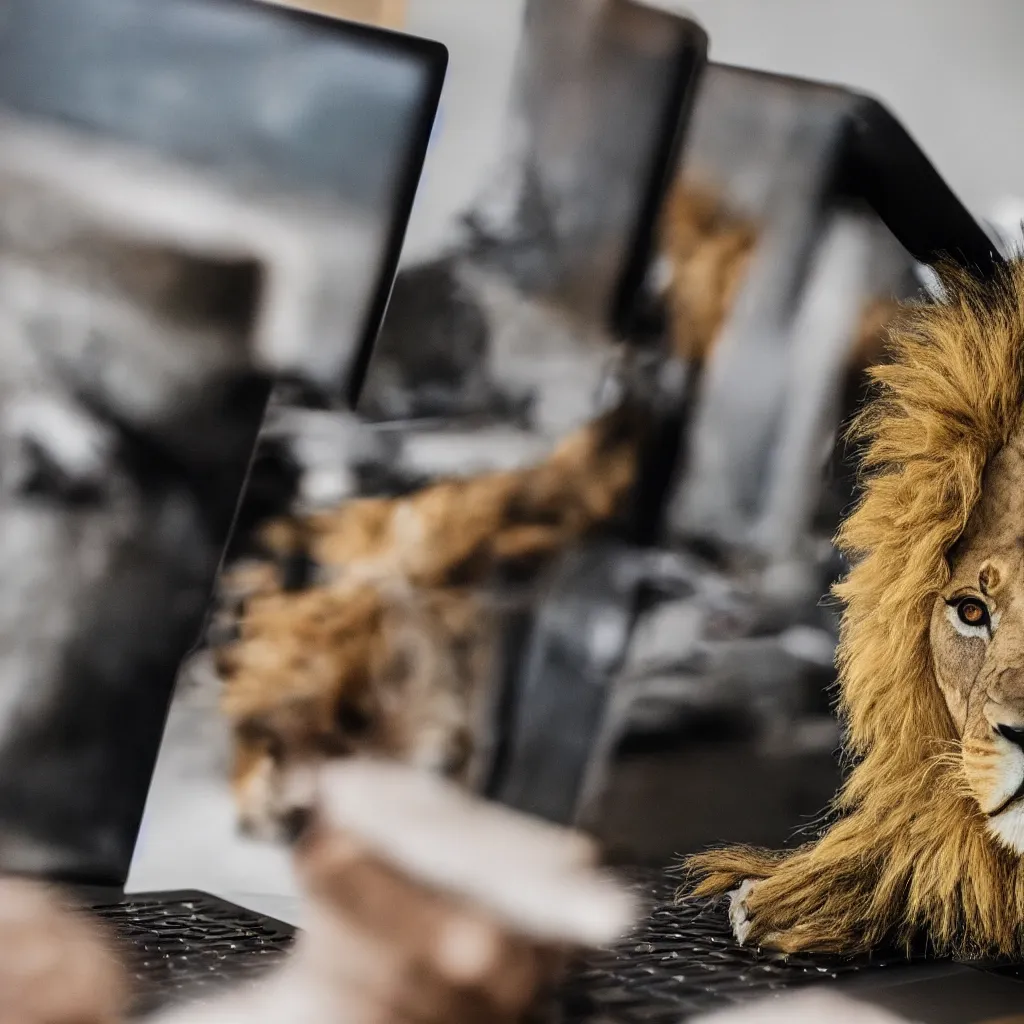 Prompt: Photograph of a lion in a hoodie hacking on a laptop