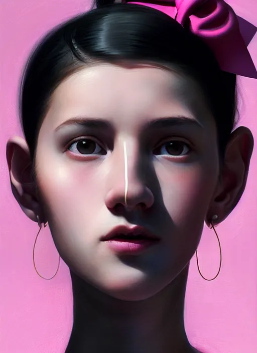 Image similar to portrait of teenage girl, narrow face, black hair, bangs, half updo hairstyle, pointy nose, skinny, unattractive, defined jawline, big chin, pink hair bow, hoop earrings, intricate, elegant, glowing lights, highly detailed, digital painting, artstation, sharp focus, illustration, art by wlop, mars ravelo and greg rutkowski