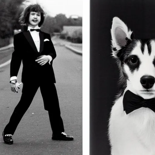 Image similar to 1 9 8 0 s yearbook photography of a dog dressed in a tuxedo