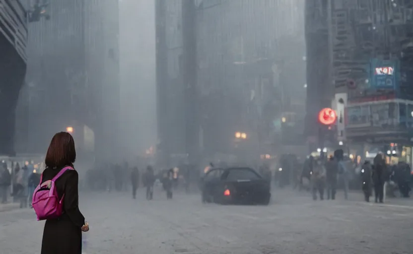 Image similar to a wide shot of a woman with a wool suit, very short hair, blurred face, wearing an omega speedmaster on her wrist in front of a crowded dystopian city full of people walking at night with fog and cyberpunk lights