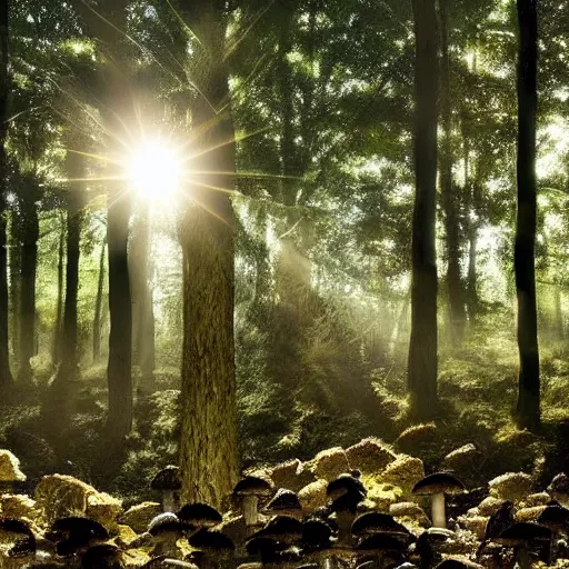 Image similar to eerie forest overgrown with mushrooms with sun rays peeking through the trees