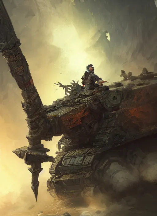 Prompt: portrait of man holding a scepter sitting on a tank, d & d, heartstone, digital painting, volumetric light, intricate, sharp, focus, bloom, illustration, highly detailed, concept art, matte, ruan jia, randy vargas, greg rutkowski