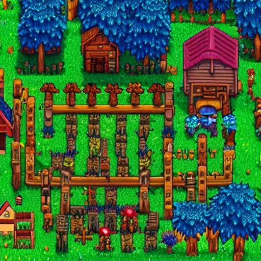 Image similar to smurfs living in stardew Valley 4k