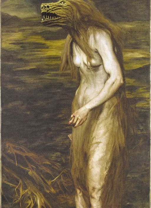 Prompt: swamp monster, misty, moody, painting, tempera paint, lonely, strong, large, muted, by anthony van dyck