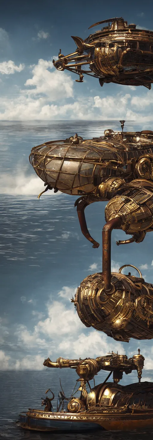 Image similar to a flying futuristic, steamboat from the 1 9 0 0 s with huge african mask on the front of the boat carrying hundreds of african people across the mississippi river, bioshock infinite, detailed, behrens style, unreal 5 render, fantasy digital art, octane render, beautiful composition, trending on artstation