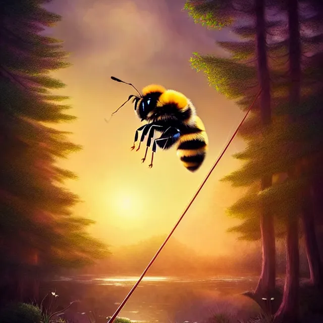 Prompt: epic professional digital art of A bipedal bumblebee playing the violin during sunset in a forest, best on artstation, breathtaking, epic, stunning, gorgeous, much detail, much wow, cgsociety, wlop, pixiv, behance, deviantart, masterpiece, UHD, 8K