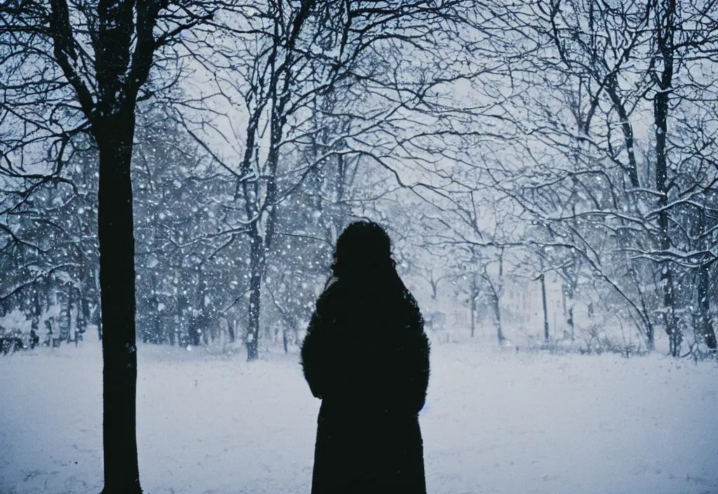 Prompt: lomo photo of a female silhouette standing in front of a wooden cottage in the snow, cinestill, bokeh, out of focus, day, dramatic lighting