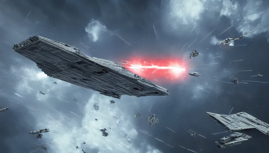 Image similar to Movie scene of Star Wars's Star Destroyers exploding in the sky, hyperdetailed, artstation, cgsociety, 8k