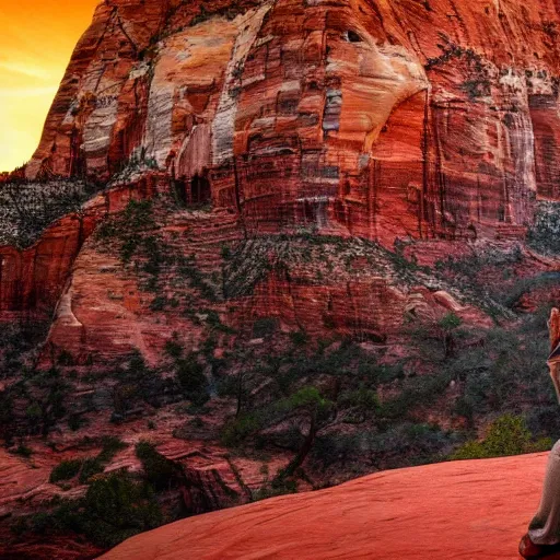 Image similar to highly detailed concept art of award winning cinematic still of man praying with hands up in zion national park, rock formations, colorful sunset, epic, cinematic lighting, dramatic angle, heartwarming drama directed by Steven Spielberg, t, wallpaper