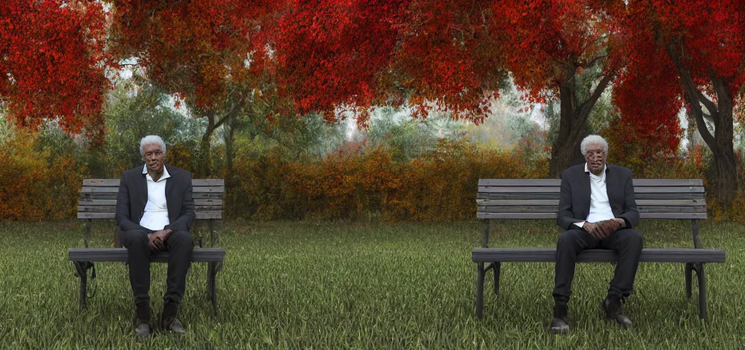 Prompt: Morgan Freeman sitting on a park bench with a colorful magpie yelling in his ear, cloudy autumn day, 8k octane render