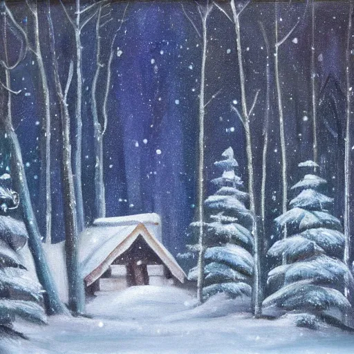 Image similar to snowy forest night scene in a single wooden cabin surrounded by the woods with one illuminated window, horror dark contrast, oil painting